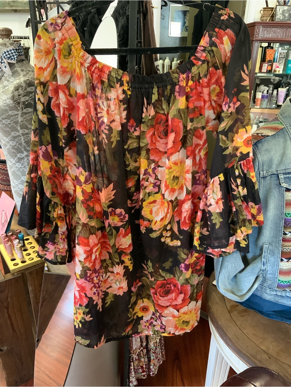 Women’s Black Floral Off-Shoulder Peasant Top